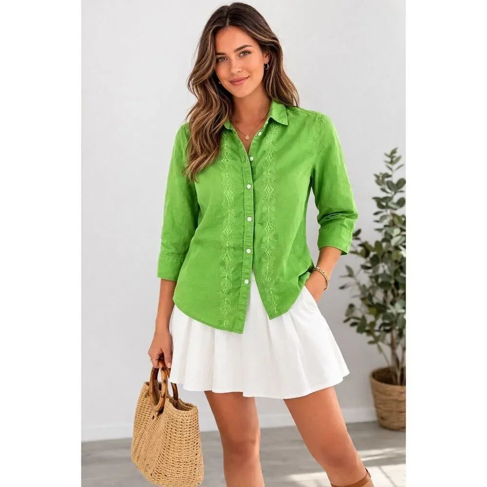 Banana Republic Green Button Front Embroidered Cotton Shirt 3/4 Sleeves SZ S